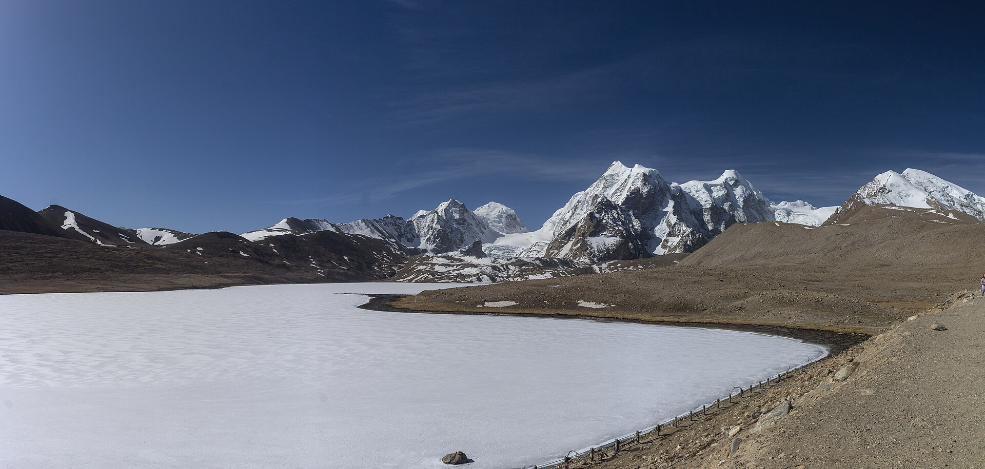 Gurudongmar Lake, a still, high-altitude lake in North Sikkim ringed by snow-dusted brown mountains under a deep blue sky, one of the world's highest lakes near the Tibet border.